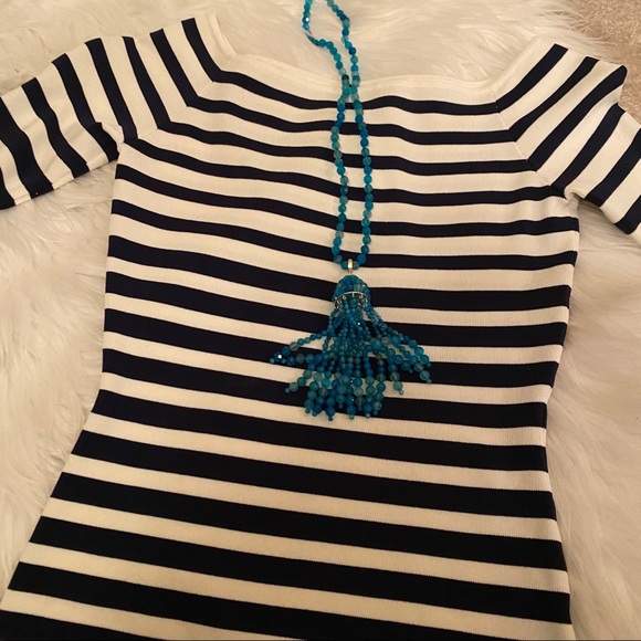 NWT H&M Navy & White Classic Striped Bardot Fitted Top Small - Picture 1 of 14